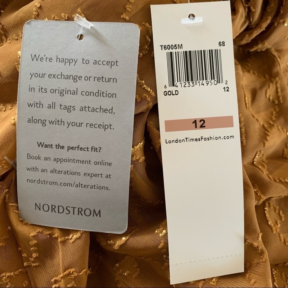 London Times Aztec Burnout Ruffle Dress In Terracotta With Gold Threading Sz. 12 - Picture 9 of 13